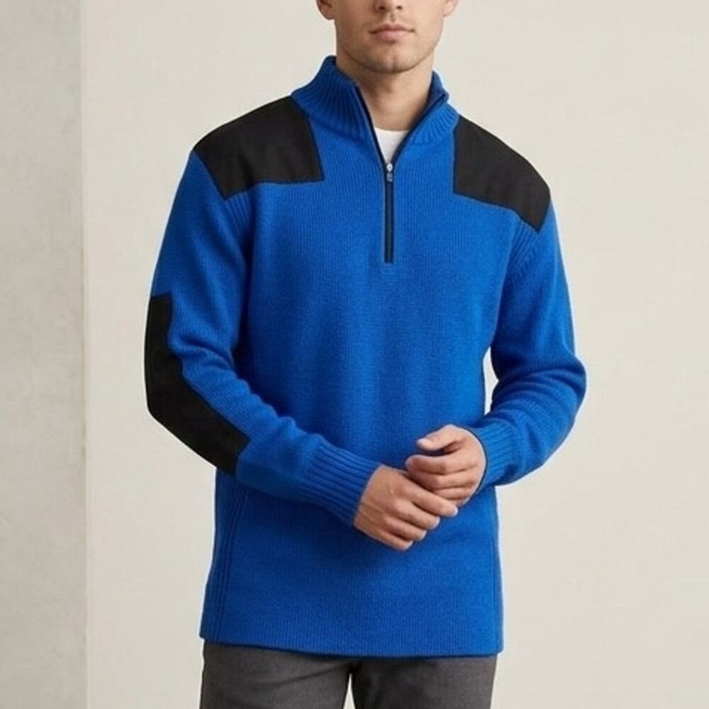 Obermeyer Men's Blue Quarter Zip Wool Blend  Sweater Large